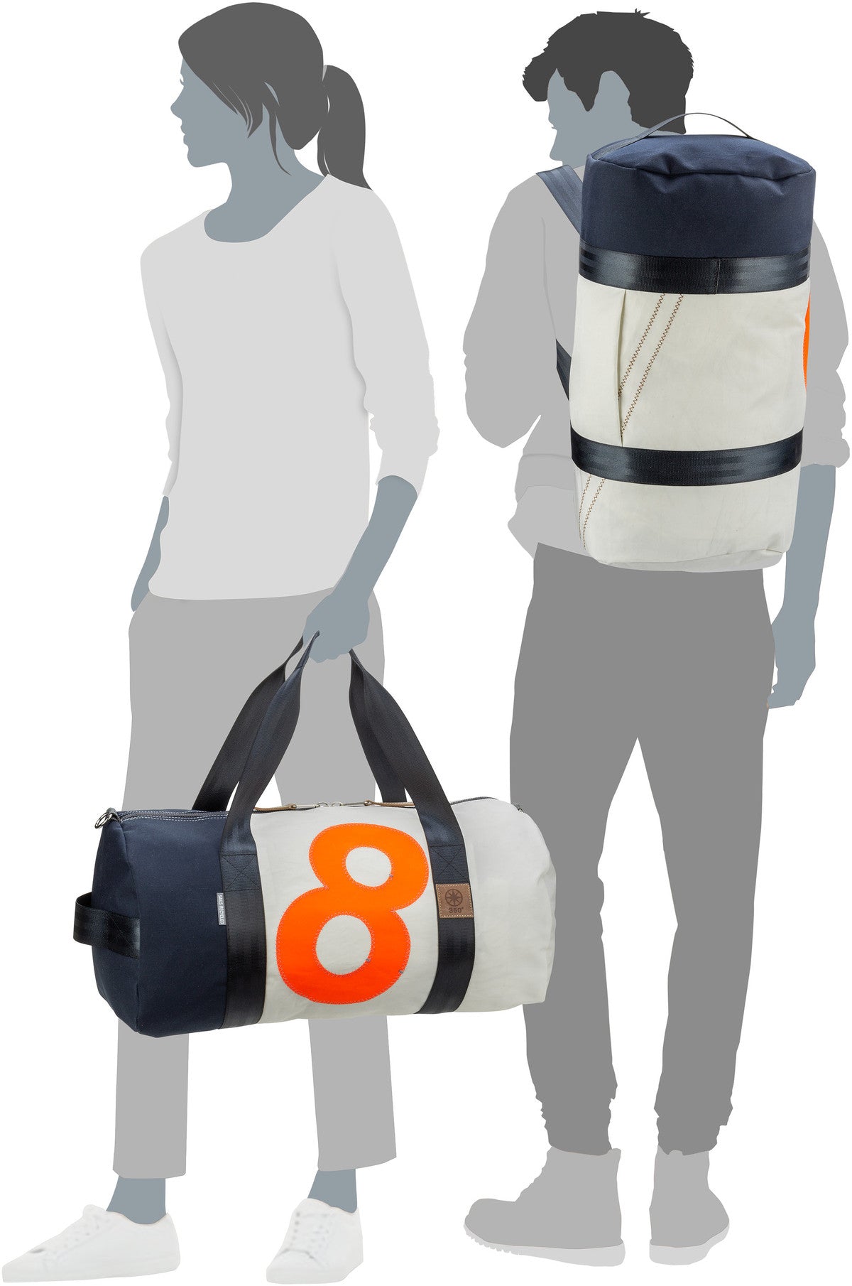 360Grad Pirat Weiß/Persenning Taupe/Grau/Bei Dufflebag – Silhouettenansicht