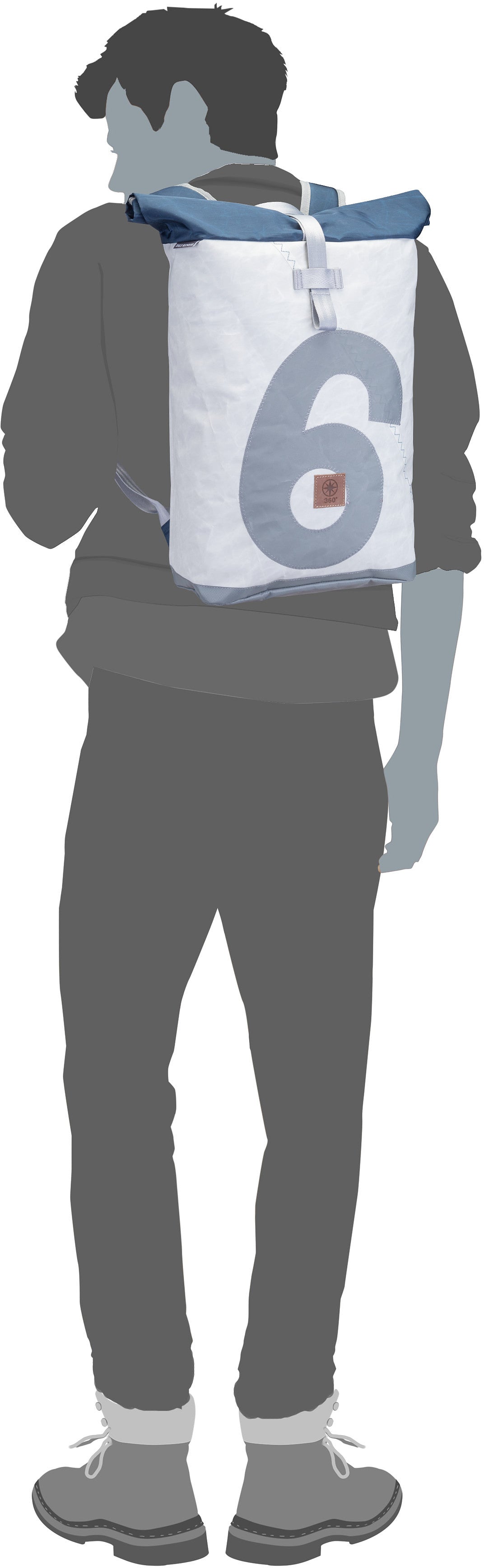 360Grad Tide Weiß/Blau/Zahl Hellgrau Rolltop Rucksack – Silhouettenansicht