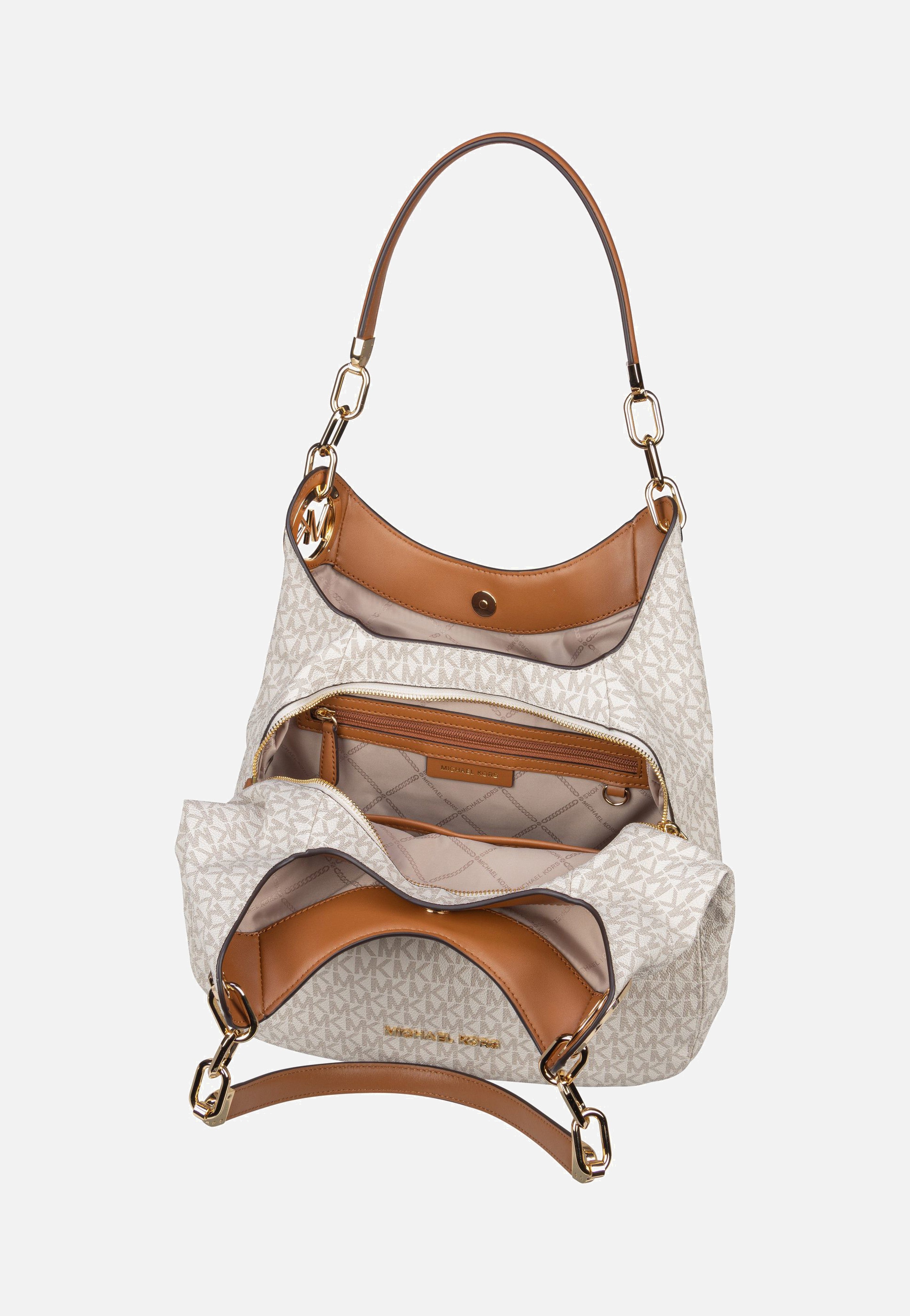 Michael Kors Lillie Large Chain Shoulder Tote MK Signature Vanilla/Acorn Hobo Bag