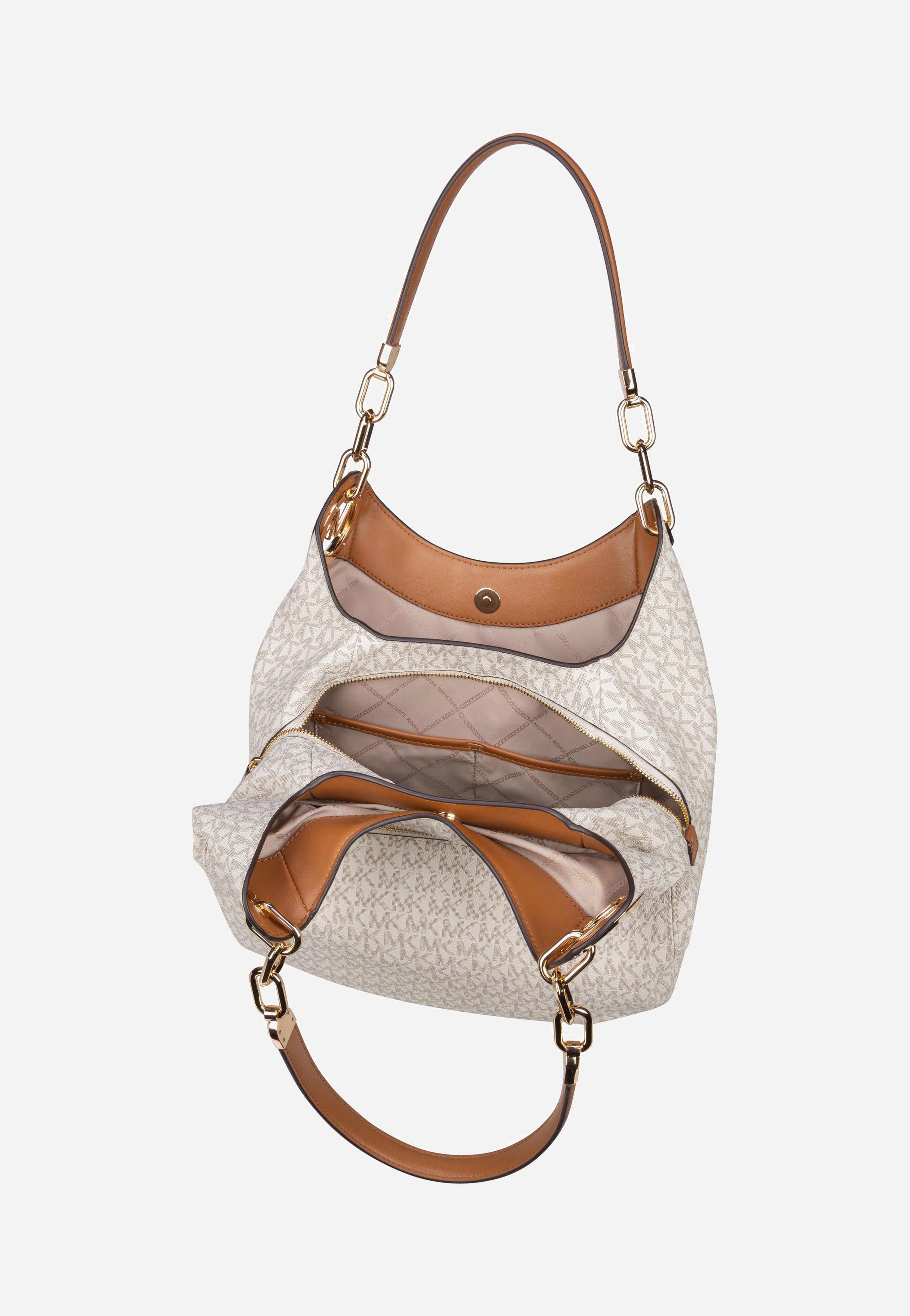 Michael Kors Lillie Large Chain Shoulder Tote MK Signature Vanilla/Acorn Hobo Bag