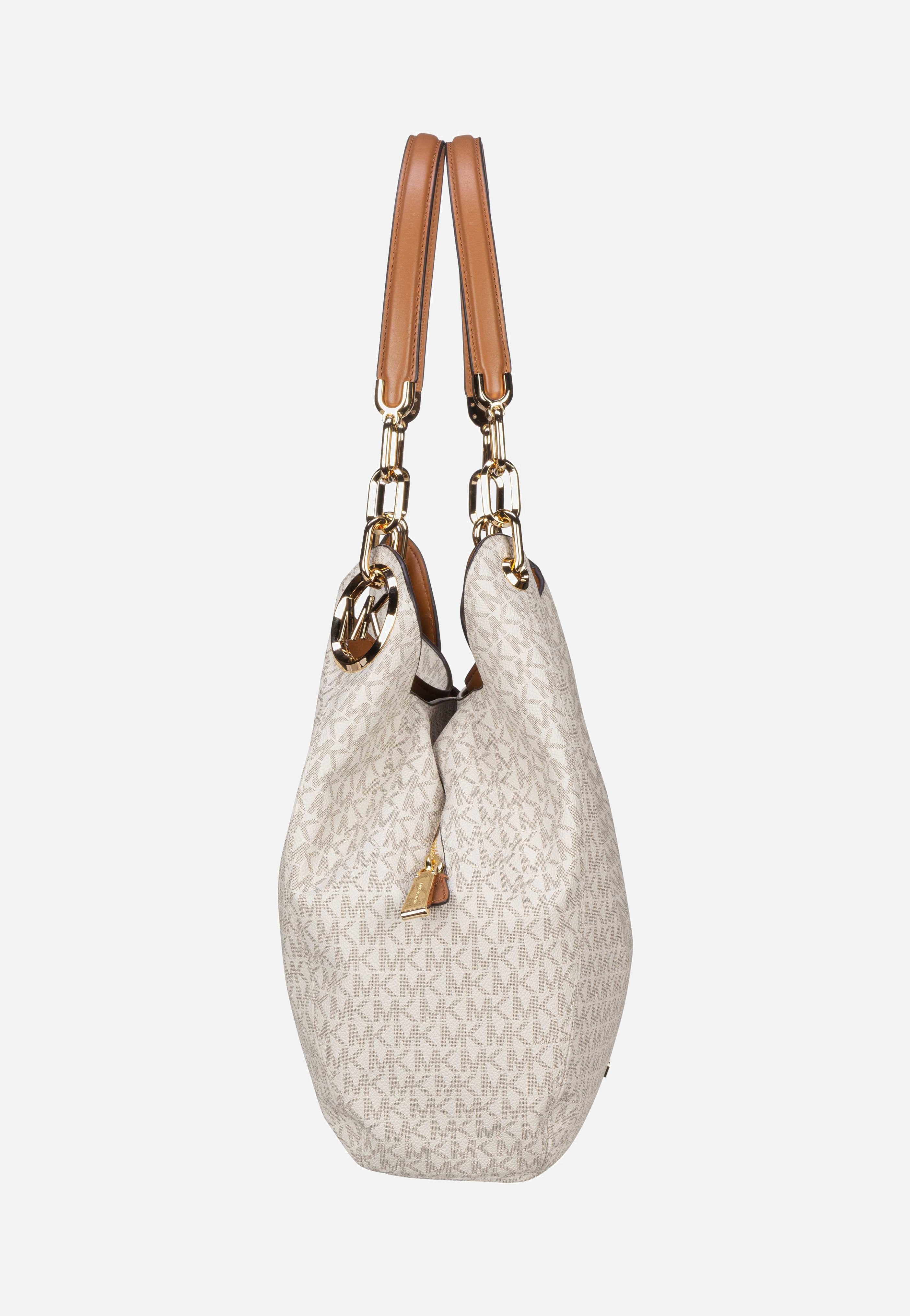 Michael Kors Lillie Large Chain Shoulder Tote MK Signature Vanilla/Acorn Hobo Bag