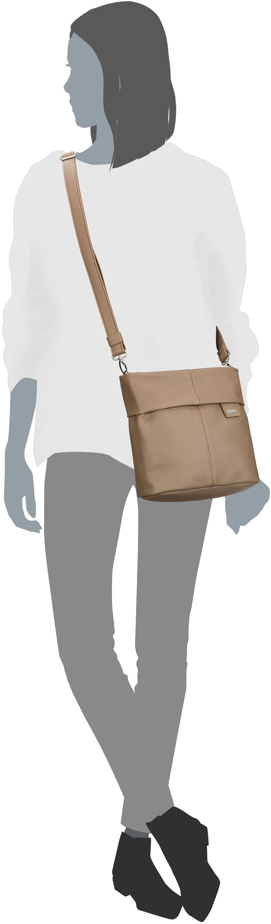 zwei Mademoiselle M8 Nubuk/Sand Beuteltasche – Silhouettenansicht