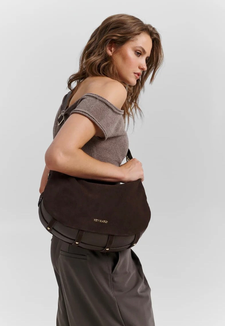 Hey Marly Lifetime Sister Suede M Coffee Crossbody Bag