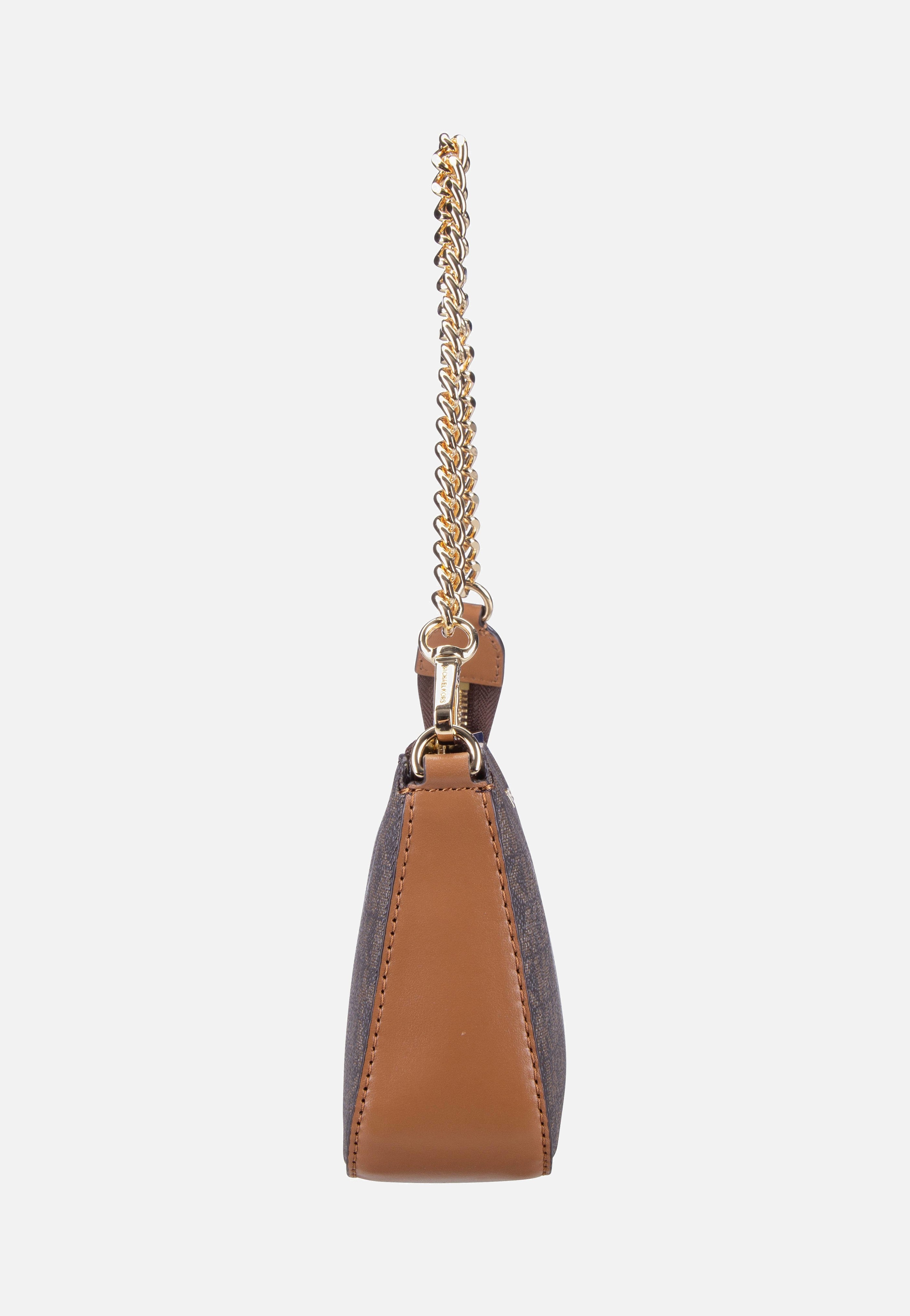 Michael Kors Jet Set Medium Chain Pouchette Lux MK Signature Brown Handle Bag